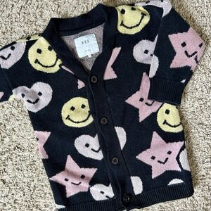 HUX Kids I Black Smiley Star Heart Print Button Up Cardigan Sweater I Size 1